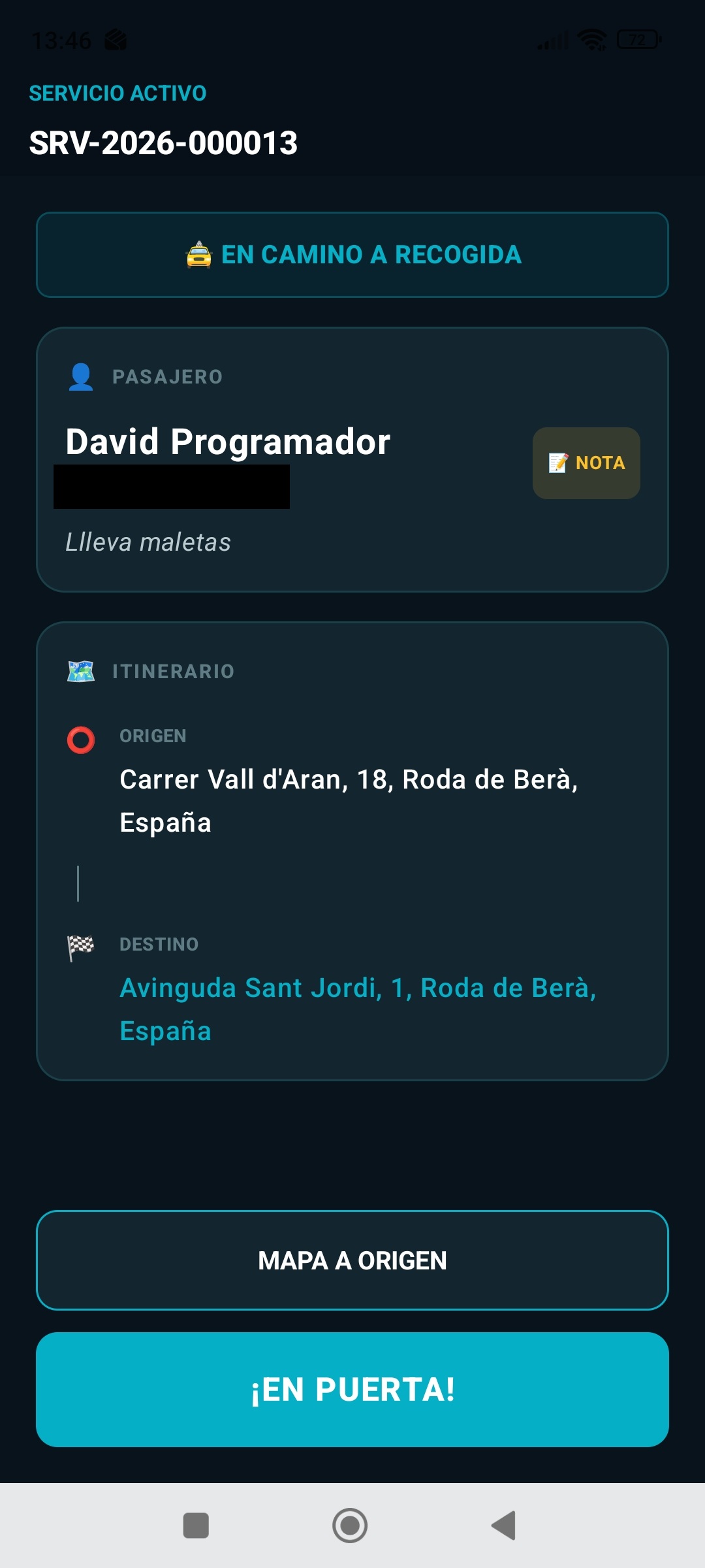 En camino en la aplicación móvil MOVIVT