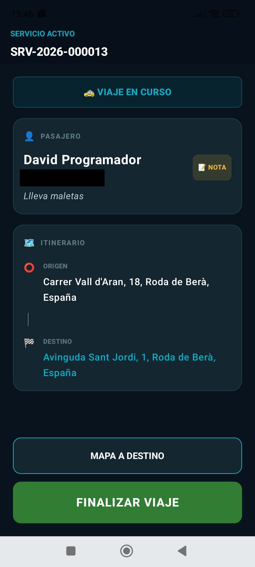 Viaje en curso en la aplicación móvil MOVIVT