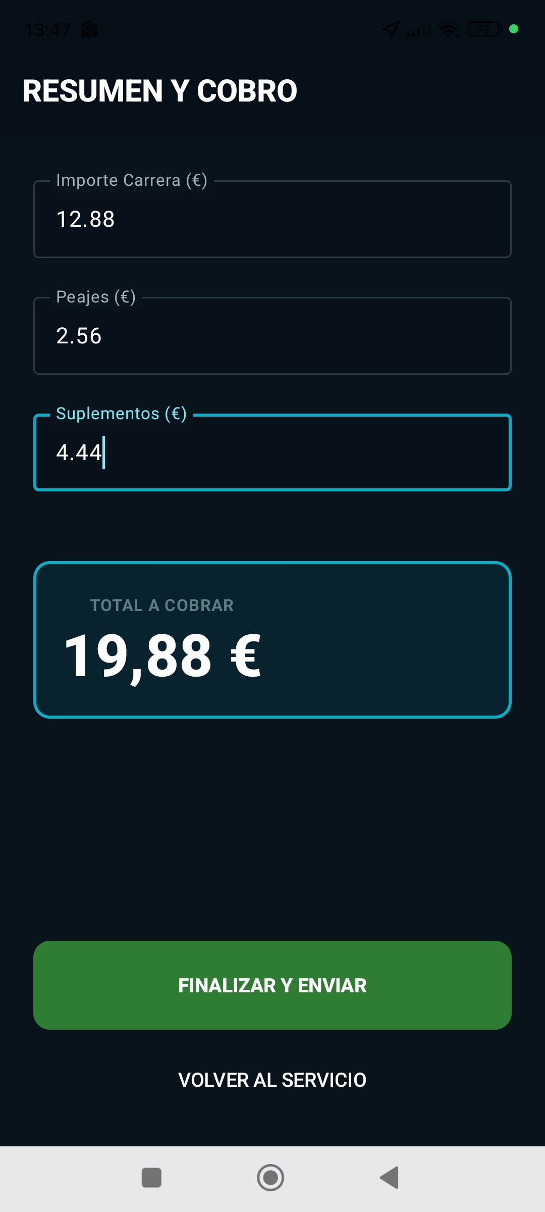 Total calculado en la aplicación móvil MOVIVT